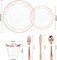 300PCS Clear Rose Gold Plastic Dinnerware - Rose Gold Disposable Dinnerware Set Include 50 Dinner Plates,50 Dessert Plates,50 Knives,50 Forks,50 Spoons,50 Cups for Party, Wedding & Mother’s Day